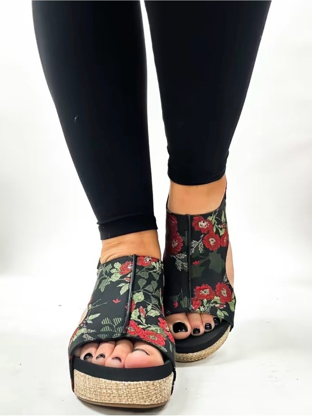 Corkys Black Wedge Sandals with Red Floral Print - Picture 3 of 4